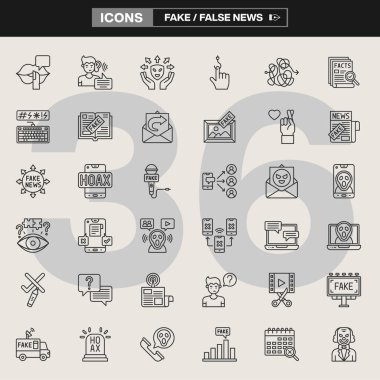 Yanlış bilgilendirme, aldatmaca, tıklamalar, aldatma ve medya manipülasyonunu gösteren 36 sahte haber ikonundan oluşan bir derleme. Gazetecilik, farkındalık kampanyaları, editoryal tasarım ve dijital içerik için ideal