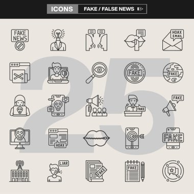 Yanlış bilgilendirme, aldatmaca, tıklamalar, aldatma ve medya manipülasyonunu gösteren 25 sahte haber ikonundan oluşan bir koleksiyon. Gazetecilik, farkındalık kampanyaları, editoryal tasarım ve dijital içerik için ideal