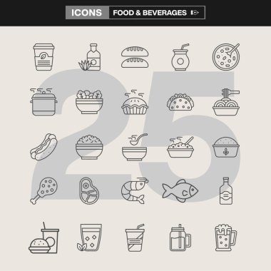 Kahve fincanları, şişeler, sandviçler, pizza, yumurtalar, erişte, sosisli sandviç, balık ve çeşitli içecekler de dahil olmak üzere 25 yiyecek ve içecek ikonundan oluşan bir koleksiyon. Menüler, markalaşma, UI / UX ve dijital tasarım için mükemmel