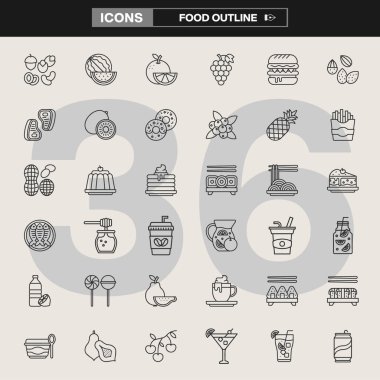 Meyveler, sebzeler, içecekler, deniz ürünleri ve tatlıların yer aldığı 36 gıda taslak ikonundan oluşan bir koleksiyon. Menüler, ambalaj, UI tasarımı, aşçılık markalaşması ve dijital gıda projeleri için tasarlandı.