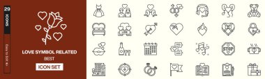 İçinde kalpler, çiftler, nişan yüzükleri, hediyeler ve sevgi dolu jestler bulunan 29 aşk ve romantizm ikonundan oluşan bir koleksiyon. Sevgililer Günü için ideal marka, düğün tasarımları, sosyal medya ve romantik projeler