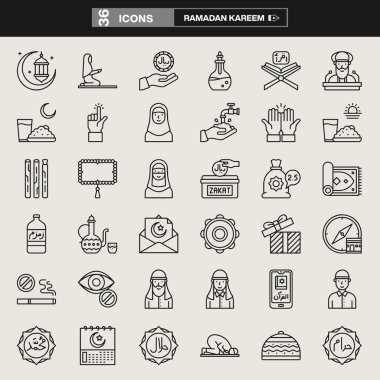 Hilal ay, fener, camiler, dua eden eller, Kuran, yemek öğeleri ve kültürel sembollerin yer aldığı 36 Ramazan Kareem simgesinden oluşan bir koleksiyon. Festivalsel markalaşma, UI tasarımı, bilgi grafikleri ve İslam projeleri için ideal