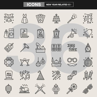 Parti şapkaları, havai fişekler, şampanya şişeleri, saatler, kameralar, müzik notaları, yemek ve şenlikli dekorasyonlar da dahil olmak üzere 36 yeni yıl ikonundan oluşan bir koleksiyon. Bayram markalaşması, UI / UX ve etkinlik pazarlaması için ideal