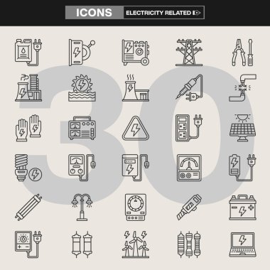 Transformatörler, motorlar, prizler, kablolar, devre kesiciler, güneş panelleri ve iletim kulelerinin yer aldığı 30 elektrik ikonundan oluşan bir koleksiyon. Teknik belgeler, UI tasarımı ve mühendislik projeleri için ideal