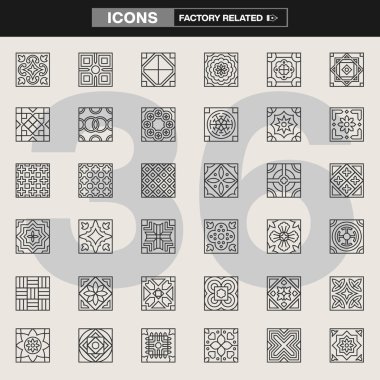 Karmaşık geometrik ve çiçek desenli 36 geleneksel fayans sembolü koleksiyonu. İç tasarım, markalaşma, ambalaj, UI / UX, dekoratif projeler ve mimari görseller için ideal