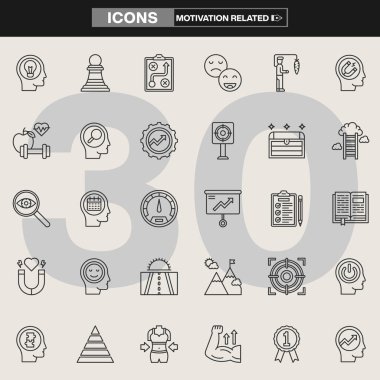 Motivasyonla ilgili 30 ikonun, ödüllerin, madalyaların, başarı sembollerinin, başarı çizelgelerinin, paranın ve hedef belirleyici unsurların yer aldığı bir koleksiyon. Kendini geliştirme, markalaşma, UI / UX ve ilham verici görseller için ideal