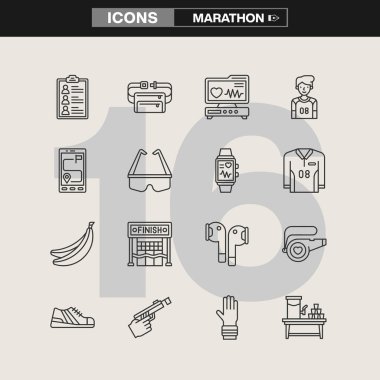 Koşucular, madalyalar, su şişeleri, koşu ayakkabıları, bitiş çizgileri ve yarış sembollerinin yer aldığı 16 adet maraton temalı ikon koleksiyonu. Spor markalaşması, UI / UX tasarımı, bilgi grafikleri ve fitness bağlantılı görseller için ideal