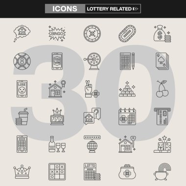 Piyango tekerleri, bingo kartları, poker kartları, çipler, dolar işaretleri, kumar makineleri, dört yapraklı yoncalar ve kazanan sembollerden oluşan 30 adet ikon koleksiyonu. Oyun markalaşması, UI / UX, bilgi grafikleri için ideal