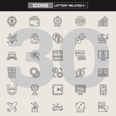 Piyango tekerleri, bingo kartları, poker kartları, çipler, dolar işaretleri, kumar makineleri, dört yapraklı yoncalar ve kazanan sembollerden oluşan 30 adet ikon koleksiyonu. Oyun markalaşması, UI / UX, bilgi grafikleri için ideal