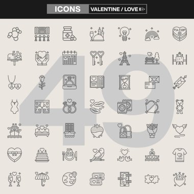 49 Sevgililer Günü ve aşk temalı ikon koleksiyonu. İçinde kalpler, çiçekler, yüzükler, hediyeler, çiftler ve romantik semboller var. Bayram markalaşması, UI / UX tasarımı, tebrik kartları ve ilişki projeleri için ideal