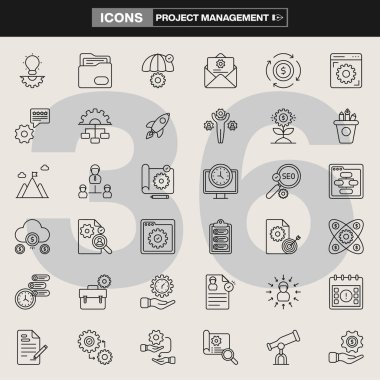 Strateji sembolleri, iş akışı unsurları, iş araçları, takım çalışması görselleri, finansal planlama ve üretkenlik varlıkları da dahil olmak üzere 36 proje yönetim simgesinden oluşan bir koleksiyon. Şirket markalaşması, UI / UX, bilgi grafikleri ve organizasyon projeleri için ideal