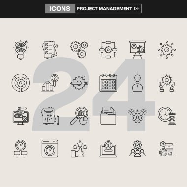 Strateji sembolleri, iş akışı unsurları, iş araçları, takım çalışması görselleri, finansal planlama ve üretkenlik varlıkları da dahil olmak üzere 25 proje yönetim simgesinden oluşan bir koleksiyon. Şirket markalaşması, UI / UX, bilgi grafikleri ve organizasyon projeleri için ideal