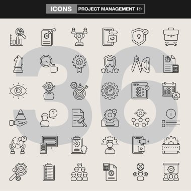 Strateji sembolleri, iş akışı unsurları, iş araçları, takım çalışması görselleri, finansal planlama ve üretkenlik varlıkları da dahil olmak üzere 36 proje yönetim simgesinden oluşan bir koleksiyon. Şirket markalaşması, UI / UX, bilgi grafikleri ve organizasyon projeleri için ideal