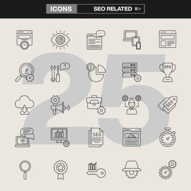 SEO ile ilgili 25 simge koleksiyonu, bağlantı kurma, anahtar kelime araştırması, analitik, içerik optimizasyonu ve kullanıcı bağlılığı içeriyor. Dijital pazarlama, UI / UX tasarımı, bilgi grafikleri ve çevrimiçi iş stratejisi için ideal