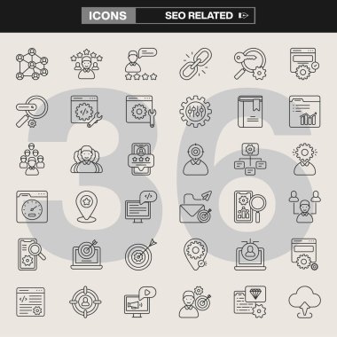 36 SEO ile ilgili simge koleksiyonu, bağlantı kurma, anahtar kelime araştırması, analitik, içerik optimizasyonu ve kullanıcı bağlılığı içeriyor. Dijital pazarlama, UI / UX tasarımı, bilgi grafikleri ve çevrimiçi iş stratejisi için ideal