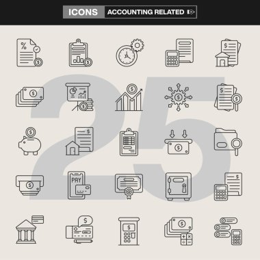 Hesap makineleri, grafikler, para çantaları, belgeler, teraziler, finansal araçlar ve vergi sembollerinin yer aldığı 25 muhasebe simgesinden oluşan bir koleksiyon. Finansman markalaşması, UI / UX tasarımı, bilgi grafikleri ve muhasebe projeleri için ideal