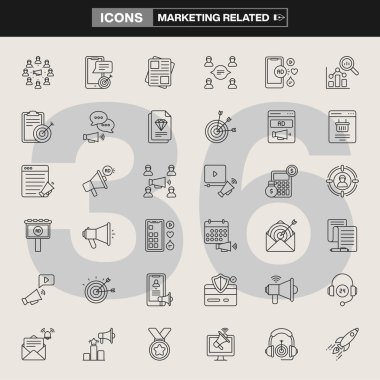 Analitik, sosyal medya, reklamcılık, müşteri ilişkileri ve iletişim araçlarının yer aldığı 36 pazarlama ikonundan oluşan bir koleksiyon. Ticari markalaşma, UI / UX tasarımı, bilgi grafikleri ve dijital pazarlama projeleri için ideal