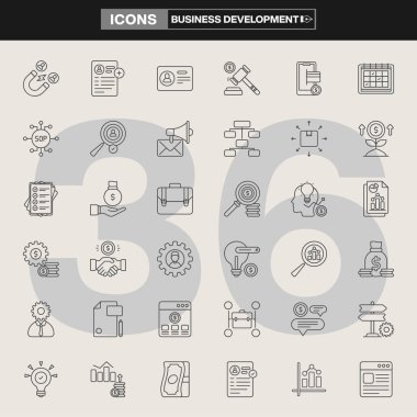 Haritalar, grafikler, belgeler, ampuller, hedefler, cüzdanlar, kalkanlar, satranç taşları ve büyüteçlerin yer aldığı 36 iş geliştirme simgesinden oluşan bir koleksiyon. Şirket markalaşması, UI / UX tasarımı, bilgi grafikleri ve strateji görselleri için ideal