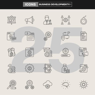 Haritalar, grafikler, belgeler, ampuller, hedefler, cüzdanlar, kalkanlar, satranç taşları ve büyüteçler içeren 25 iş geliştirme ikonundan oluşan bir koleksiyon. Şirket markalaşması, UI / UX tasarımı, bilgi grafikleri ve strateji görselleri için ideal