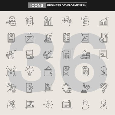 Haritalar, grafikler, belgeler, ampuller, hedefler, cüzdanlar, kalkanlar, satranç taşları ve büyüteçlerin yer aldığı 36 iş geliştirme simgesinden oluşan bir koleksiyon. Şirket markalaşması, UI / UX tasarımı, bilgi grafikleri ve strateji görselleri için ideal
