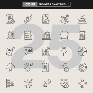 Grafikler, raporlar, grafikler, grafikler, büyüteç, vites ve veri sembollerinin yer aldığı 25 iş analizi ikonundan oluşan bir koleksiyon. Şirket markalaşması, UI / UX, bilgi grafikleri ve ticari istihbarat projeleri için ideal