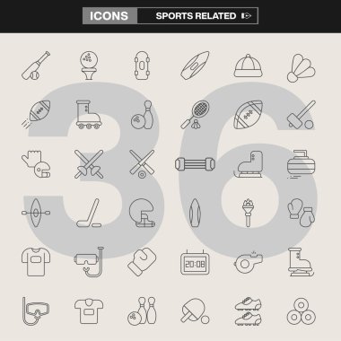 36 spor ikonu, ekipman, kupalar, strateji tahtaları, spor aksesuarları ve spor malzemelerinden oluşan bir koleksiyon. Spor markalaşması, UI / UX tasarımı, bilgi grafikleri ve fitness projeleri için ideal