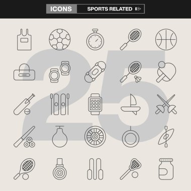 25 spor ikonu, ekipmanlar, kupalar, strateji tahtaları, spor aksesuarları ve spor malzemelerinden oluşan bir koleksiyon. Spor markalaşması, UI / UX tasarımı, bilgi grafikleri ve fitness projeleri için ideal