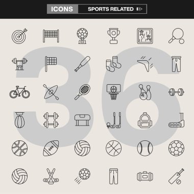36 spor ikonu, ekipman, kupalar, strateji tahtaları, spor aksesuarları ve spor malzemelerinden oluşan bir koleksiyon. Spor markalaşması, UI / UX tasarımı, bilgi grafikleri ve fitness projeleri için ideal