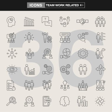 İşbirliği, liderlik, beyin fırtınası, hedef belirleme, ağ oluşturma ve üretkenlik sembollerinin yer aldığı 36 takım çalışması ikonundan oluşan bir koleksiyon. Şirket markalaşması, UI tasarımı ve bilgi grafiği için ideal