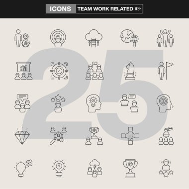 İşbirliği, liderlik, beyin fırtınası, hedef belirleme, ağ oluşturma ve üretkenlik sembollerinin yer aldığı 25 takım çalışması ikonundan oluşan bir koleksiyon. Şirket markalaşması, UI tasarımı ve bilgi grafiği için ideal