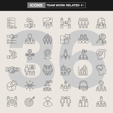 İşbirliği, liderlik, beyin fırtınası, hedef belirleme, ağ oluşturma ve üretkenlik sembollerinin yer aldığı 36 takım çalışması ikonundan oluşan bir koleksiyon. Şirket markalaşması, UI tasarımı ve bilgi grafiği için ideal