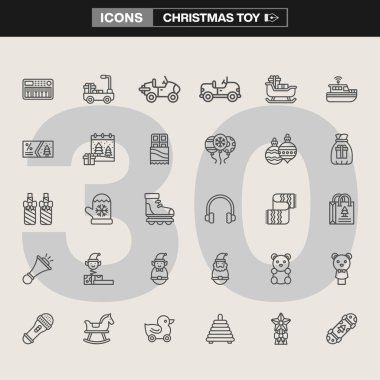 Kutlama hediyeleri, doldurulmuş hayvanlar, müzik aletleri, bebekler, bulmacalar ve tatil oyuncaklarının yer aldığı 36 Noel oyuncağı ikonu koleksiyonu. Tatil markalaşması, UI / UX tasarımı ve bilgi grafikleri için ideal