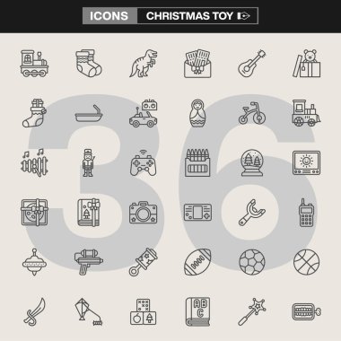 Kutlama hediyeleri, doldurulmuş hayvanlar, müzik aletleri, bebekler, bulmacalar ve tatil oyuncaklarının yer aldığı 36 Noel oyuncağı ikonu koleksiyonu. Tatil markalaşması, UI / UX tasarımı ve bilgi grafikleri için ideal