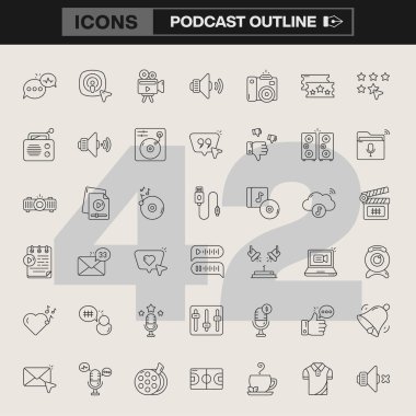 Podcast Simge Kümesi Konuşma Baloncukları, Mikrofonlar, Video Kameralar, Dizüstü bilgisayarlar ve Ses ve Dijital Medya Markalaşması İçin Diğer Minimalist Semboller