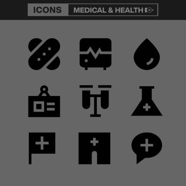 Sağlık ve Sağlık Simgeleri Çizgi Sanat Sembolleri Sağlığı, Acil Servis, Eczane, Diş Bakımı ve Dijital ve Yazıcı Tasarımı Sağlığını Temsilen Seti