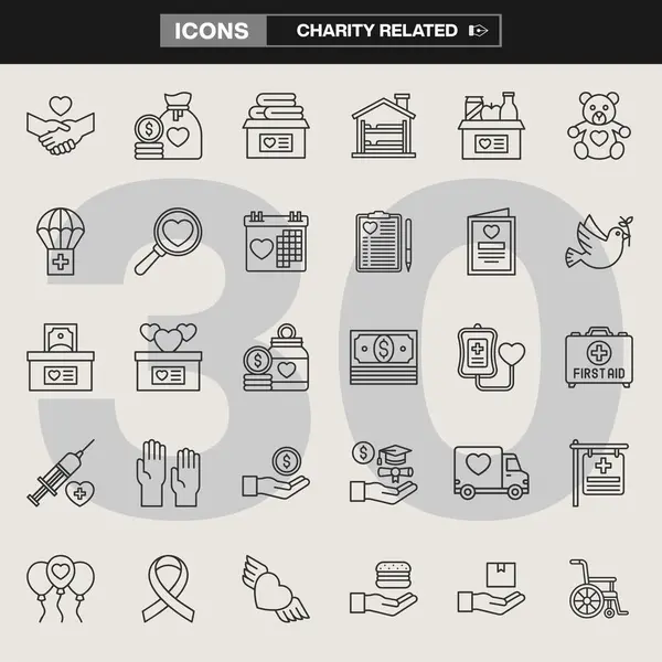 Bağış kutuları, yardım paketleri, tıbbi yardım, bağış sembolleri ve sosyal yardım grafiklerinin yer aldığı 30 adet bağış ikonu. Kar amacı gütmeyen markalar, UI tasarımı ve farkındalık kampanyaları için ideal