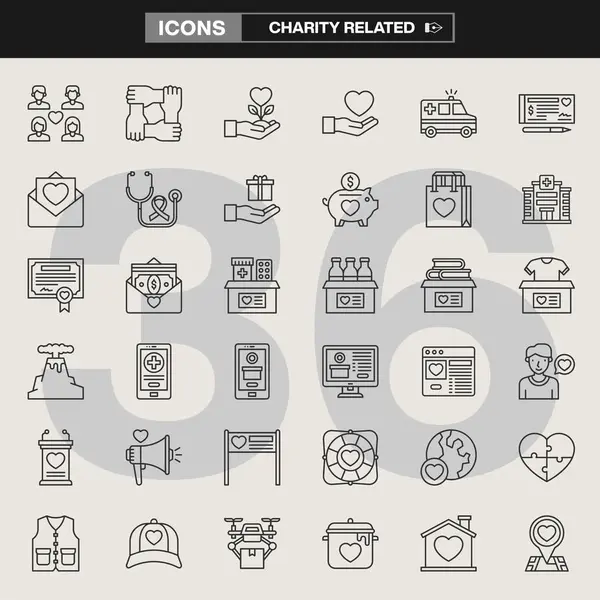 Bağış kutuları, yardım paketleri, tıbbi yardım, bağış sembolleri ve sosyal yardım grafiklerinin yer aldığı 36 adet yardım simgesinden oluşan bir koleksiyon. Kar amacı gütmeyen markalar, UI tasarımı ve farkındalık kampanyaları için ideal