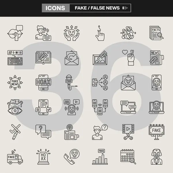 Yanlış bilgilendirme, aldatmaca, tıklamalar, aldatma ve medya manipülasyonunu gösteren 36 sahte haber ikonundan oluşan bir derleme. Gazetecilik, farkındalık kampanyaları, editoryal tasarım ve dijital içerik için ideal