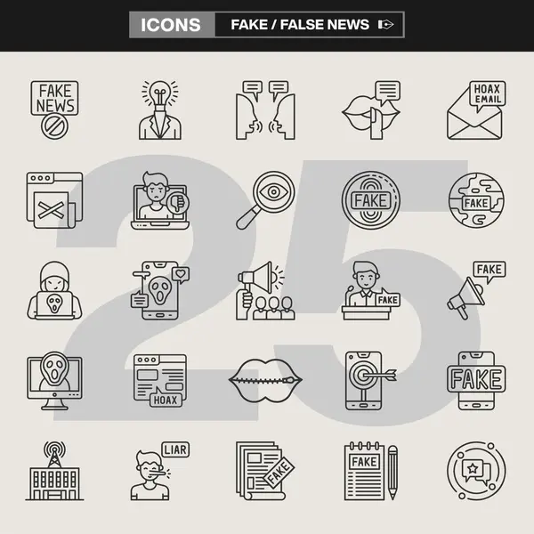 Yanlış bilgilendirme, aldatmaca, tıklamalar, aldatma ve medya manipülasyonunu gösteren 25 sahte haber ikonundan oluşan bir koleksiyon. Gazetecilik, farkındalık kampanyaları, editoryal tasarım ve dijital içerik için ideal
