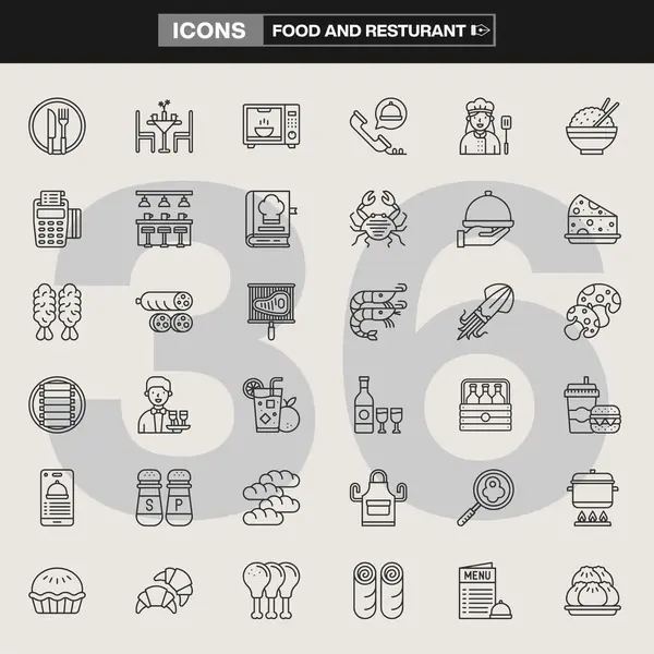 Mutfak aletleri, mutfak aletleri, yiyecek öğeleri, içecekler ve yemek sembolleri de dahil olmak üzere 36 yemek ve restoran ikonundan oluşan bir koleksiyon. Markalaşma, UI / UX, menüler, ambalaj ve bilgi tasarımı için ideal