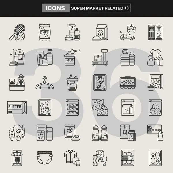 Bakkaliye, temizlik malzemeleri, süt ürünleri, taze ürünler, alışveriş arabaları ve kasalar dahil olmak üzere 36 süpermarket ikonundan oluşan bir koleksiyon. Perakende markalaşma, UI tasarımı, ambalaj ve bilgi grafikleri için ideal
