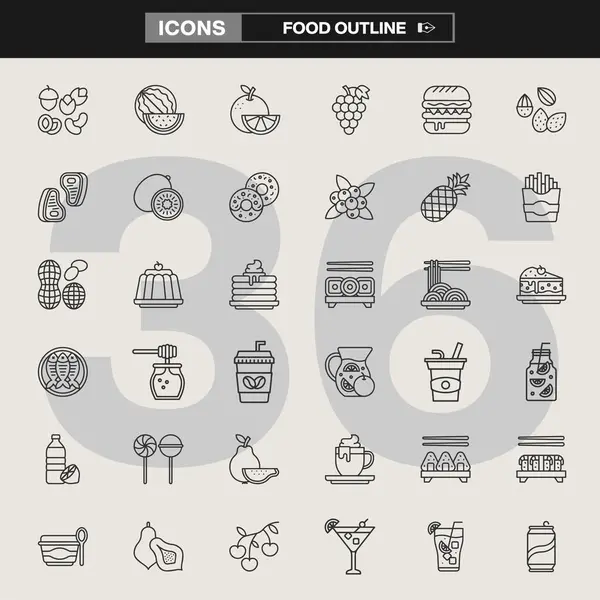 Meyveler, sebzeler, içecekler, deniz ürünleri ve tatlıların yer aldığı 36 gıda taslak ikonundan oluşan bir koleksiyon. Menüler, ambalaj, UI tasarımı, aşçılık markalaşması ve dijital gıda projeleri için tasarlandı.