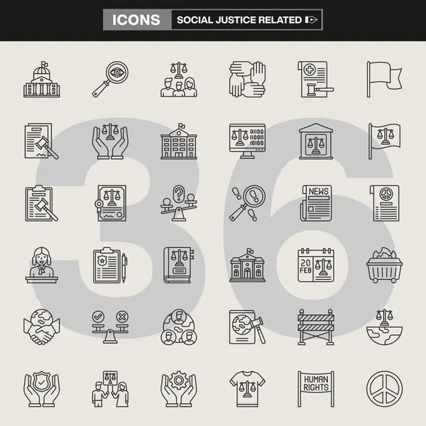 36 adet sosyal adalet ikonu, adalet terazileri, tokalaşmalar, tokmaklar, belgeler ve çeşitli rollerde insanların yer aldığı bir derleme. Aktivizm, yasal markalaşma, UI tasarımı ve bilinçlendirme kampanyaları için ideal