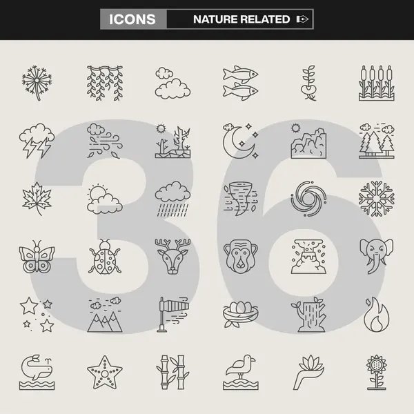 Doğadan esinlenilmiş 36 ikondan oluşan, ağaçlar, hayvanlar, hava elementleri, çiçekler ve manzaraların yer aldığı bir koleksiyon. Eko-markalaşma, UI / UX, çevre eğitimi ve sürdürülebilir tasarım projeleri için ideal