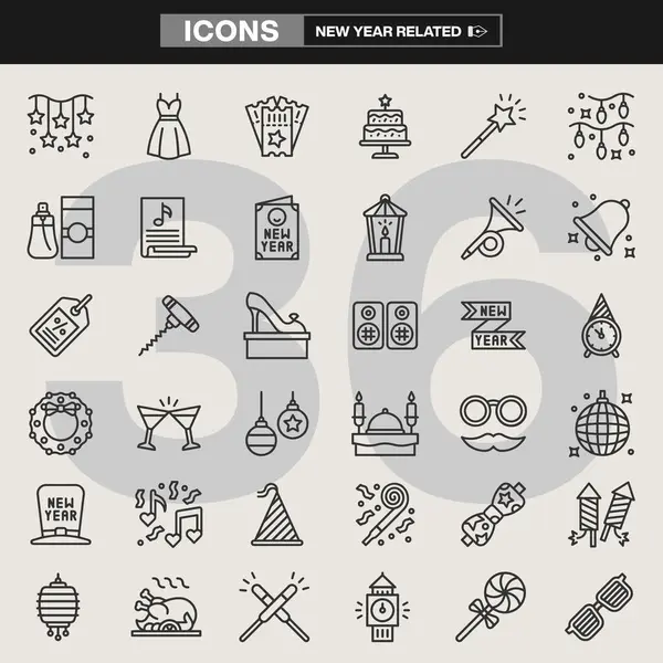 Parti şapkaları, havai fişekler, şampanya şişeleri, saatler, kameralar, müzik notaları, yemek ve şenlikli dekorasyonlar da dahil olmak üzere 36 yeni yıl ikonundan oluşan bir koleksiyon. Bayram markalaşması, UI / UX ve etkinlik pazarlaması için ideal