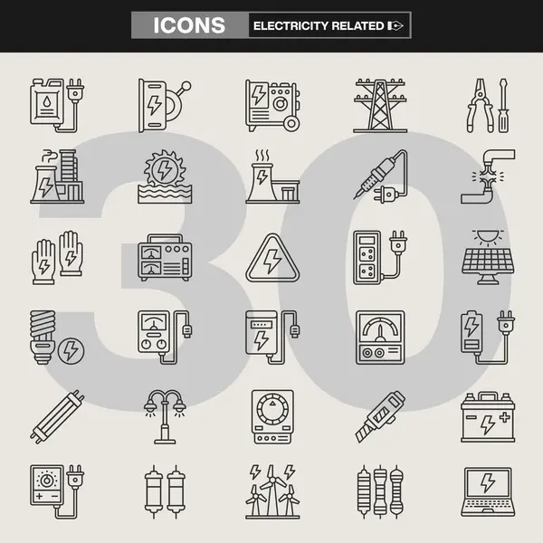 Transformatörler, motorlar, prizler, kablolar, devre kesiciler, güneş panelleri ve iletim kulelerinin yer aldığı 30 elektrik ikonundan oluşan bir koleksiyon. Teknik belgeler, UI tasarımı ve mühendislik projeleri için ideal