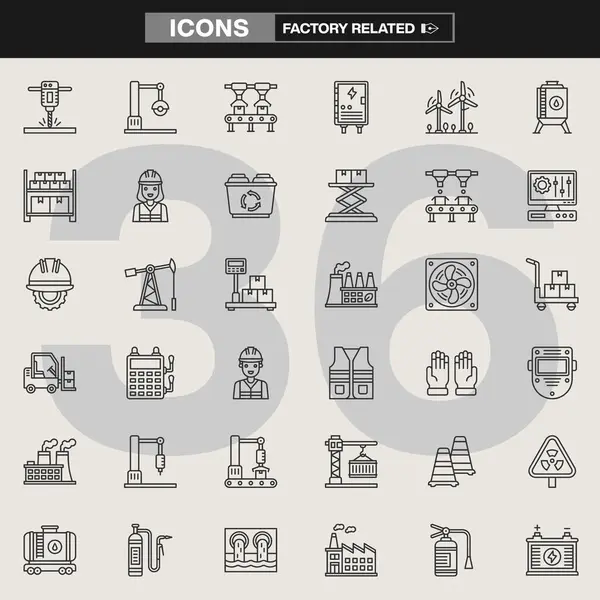 Makineler, aletler, ekipmanlar, güvenlik teçhizatı ve endüstriyel elementler de dahil olmak üzere 36 fabrikayla ilgili simge koleksiyonu. Markalaşma, UI / UX tasarımı, bilgi grafikleri ve mühendislik projeleri için ideal