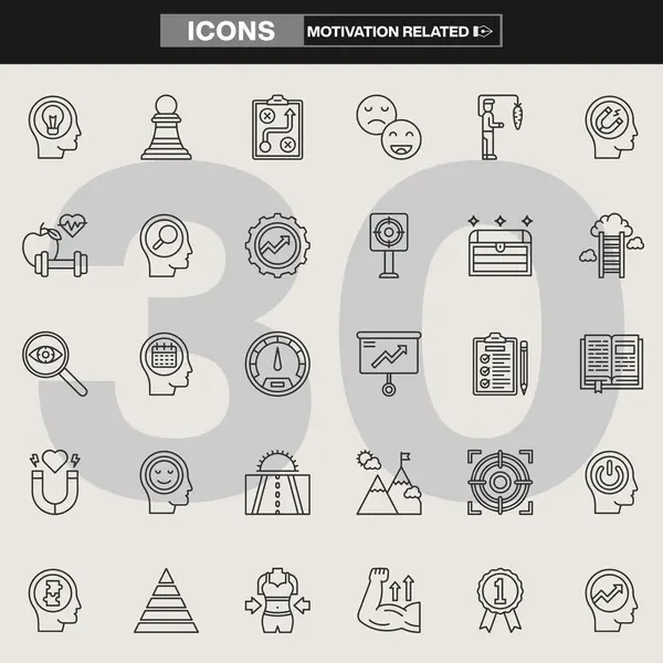 Motivasyonla ilgili 30 ikonun, ödüllerin, madalyaların, başarı sembollerinin, başarı çizelgelerinin, paranın ve hedef belirleyici unsurların yer aldığı bir koleksiyon. Kendini geliştirme, markalaşma, UI / UX ve ilham verici görseller için ideal