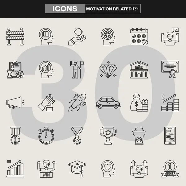 Motivasyonla ilgili 30 ikonun, ödüllerin, madalyaların, başarı sembollerinin, başarı çizelgelerinin, paranın ve hedef belirleyici unsurların yer aldığı bir koleksiyon. Kendini geliştirme, markalaşma, UI / UX ve ilham verici görseller için ideal