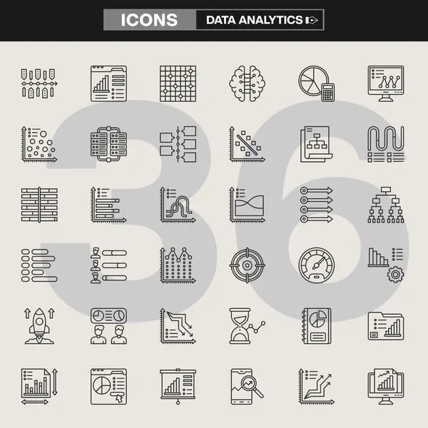Grafikler, grafikler, akış şemaları, bilgisayar ekranları, istatistiksel araçlar ve ticari istihbarat unsurlarının yer aldığı 36 veri analiz simgesinden oluşan bir koleksiyon. Teknolojik markalaşma, UI / UX, bilgi grafikleri ve veri görselleştirme projeleri için ideal